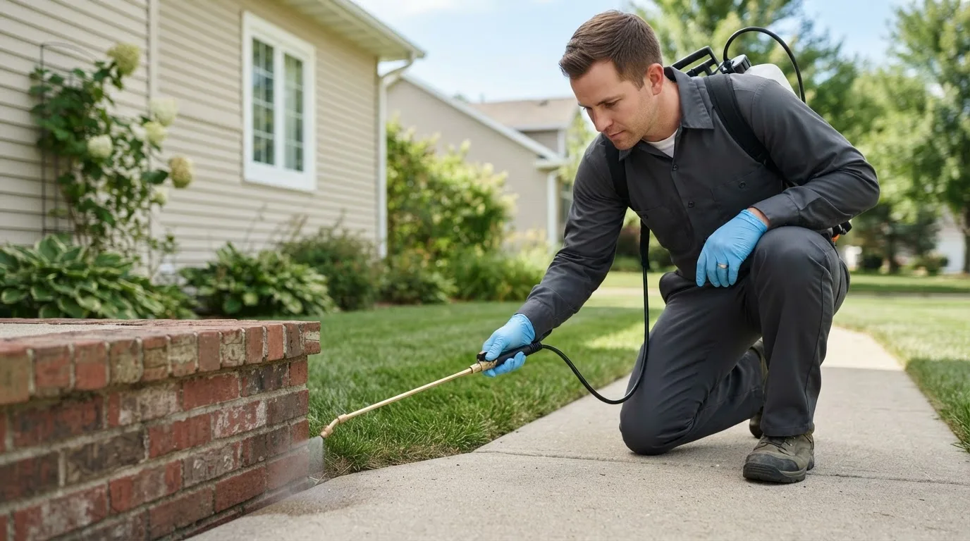 Pest control technician treating a home near Prairie City, IA