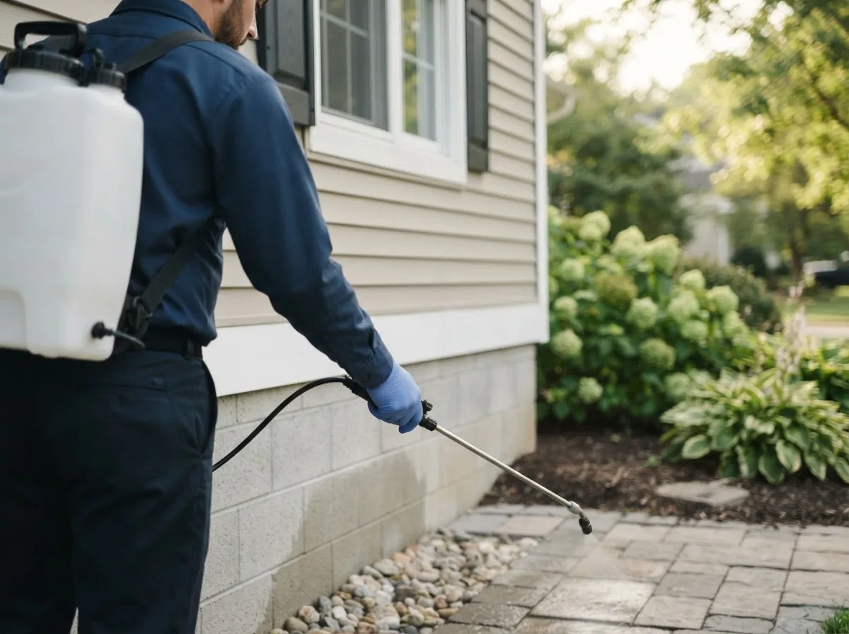 Pest control technician inspecting a home in Prairie City, IA